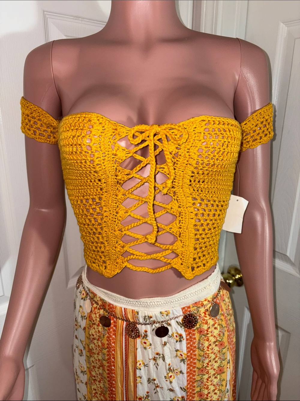 Charlotte Russe Crochet Lace-Up Off-Shoulder Crop Top - Mustard Yellow